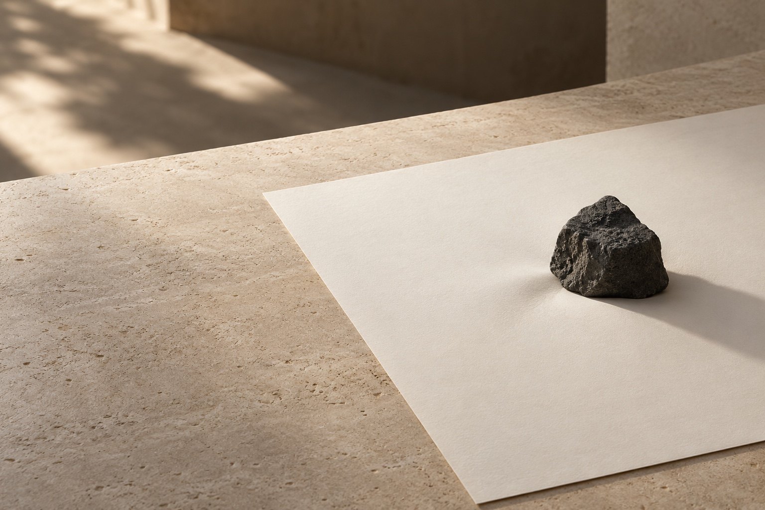A dark basalt stone resting on a blank sheet of warm-white paper